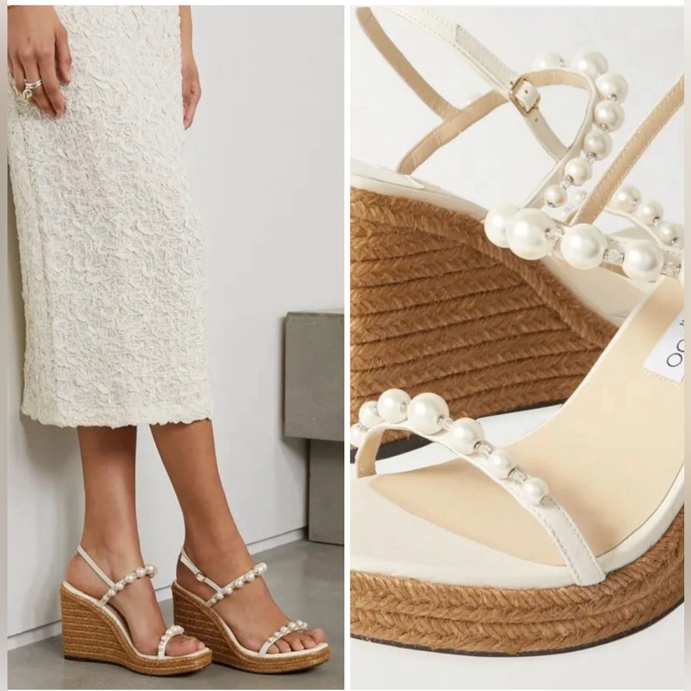 NWOT JIMMY CHOO Amatuus 110 Latte Nappa Latte Wedge Sandals with Pearls
